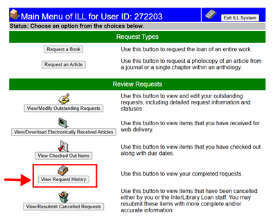 Screenshot of ILLiad Interlibrary Loan system showing the View Request History button